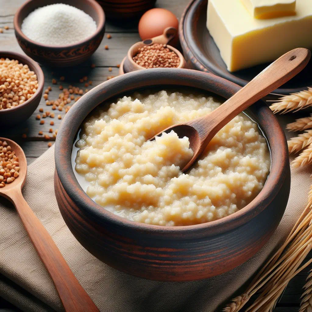Bowl of warm cornmeal žganci topped with a knob of butter