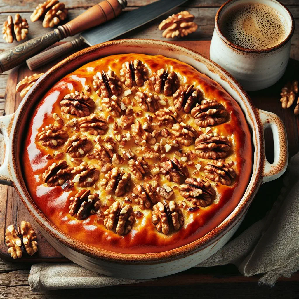 Slices of golden Croatian cornmeal cake studded with walnuts