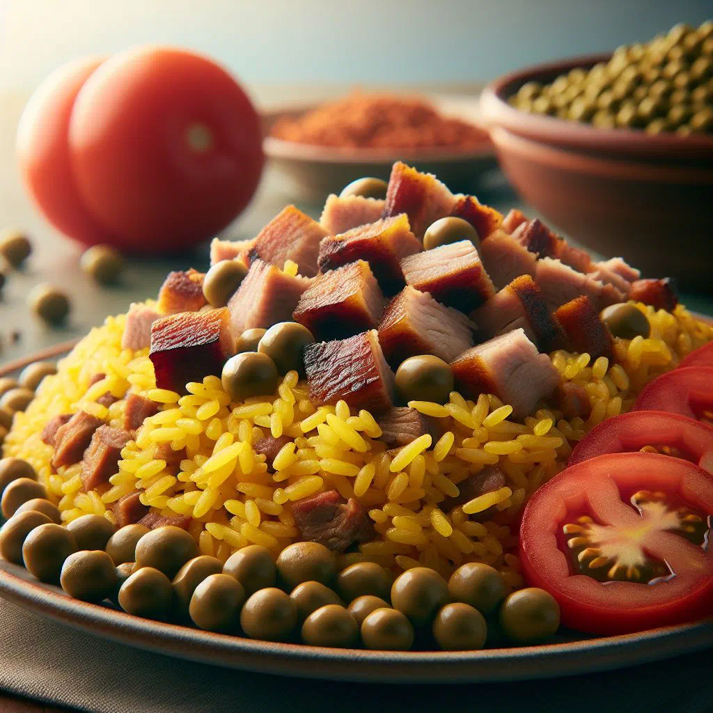 A bowl of Cuban arroz con gandules with rice and pigeon peas garnished with coriander