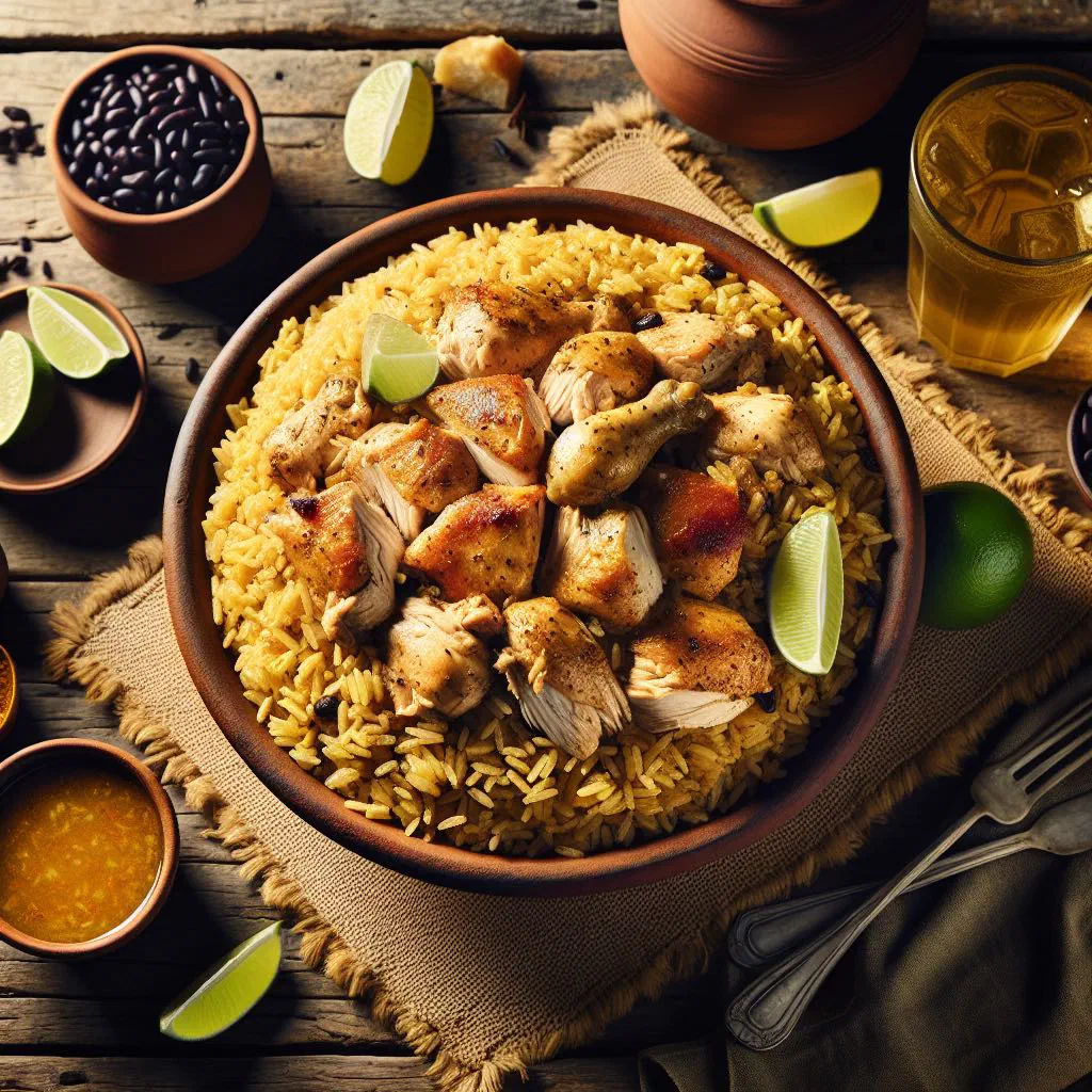 Cuban arroz con pollo with saffron-yellow rice, chicken and peppers garnished with parsley