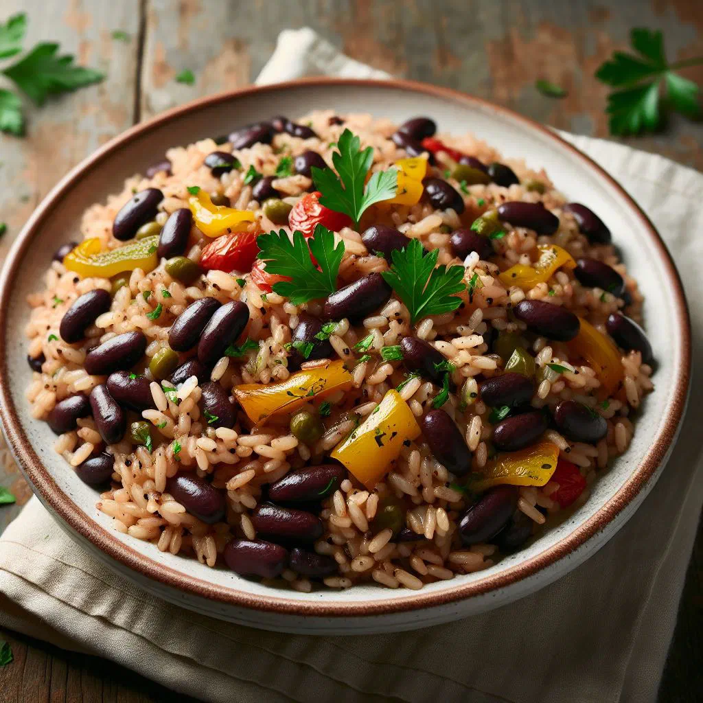 Bowl of Cuban arroz congrí with black beans, rice and fresh coriander