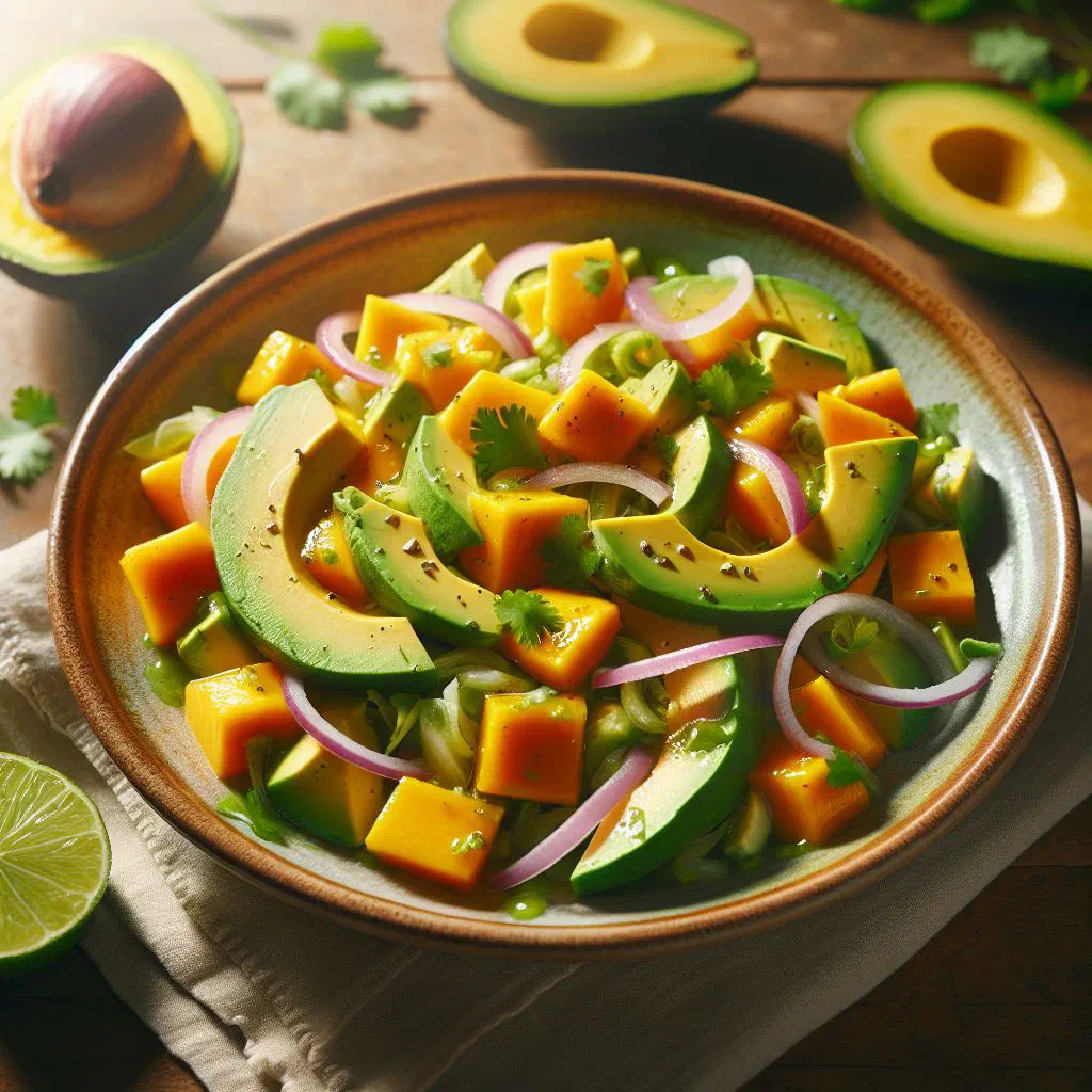 Avocado and mango salad with red onion and lime in a bowl