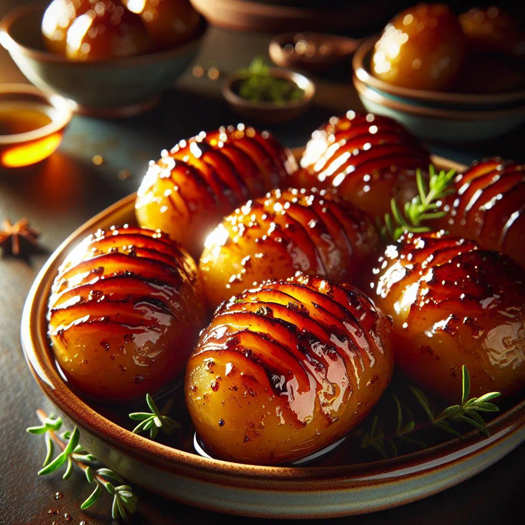 Glazed caramelised sweet potatoes dusted with cinnamon on a plate