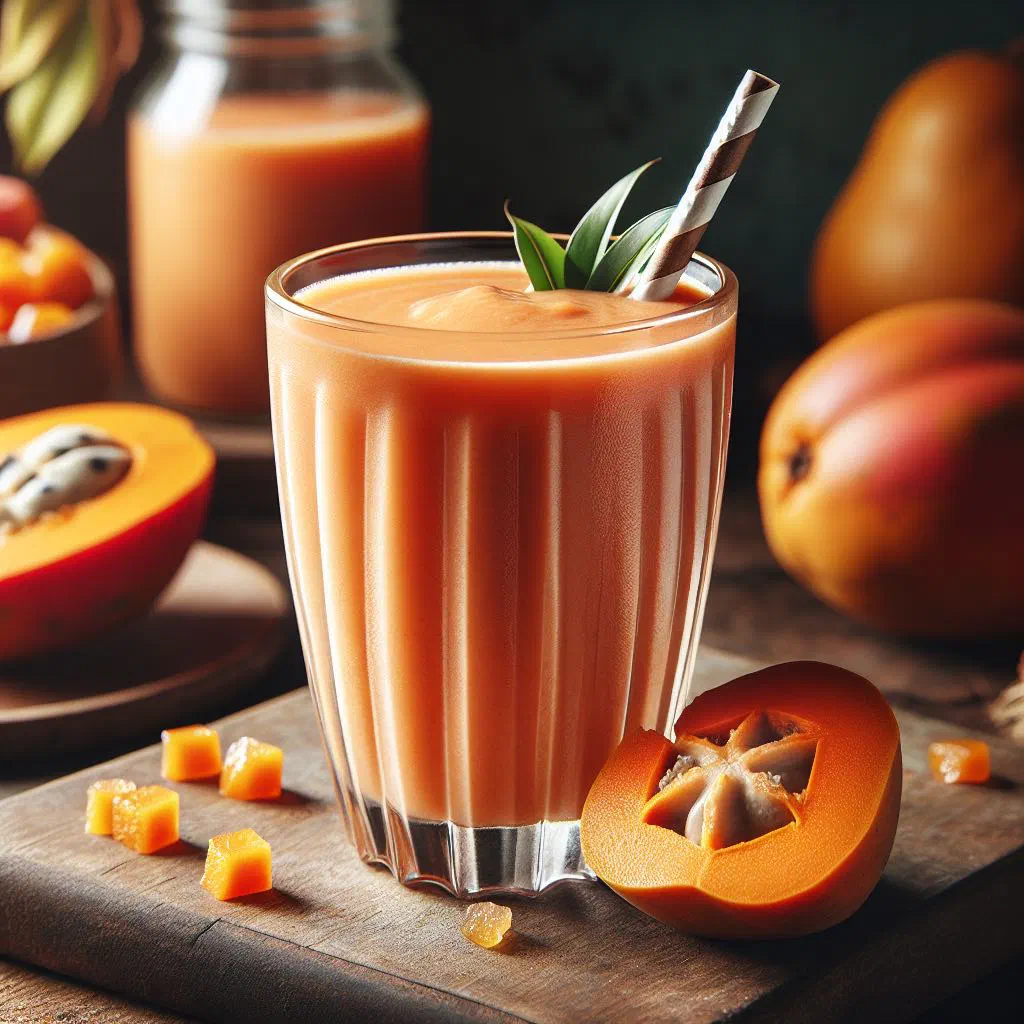 Bright orange batido de mamey milkshake served in a tall glass