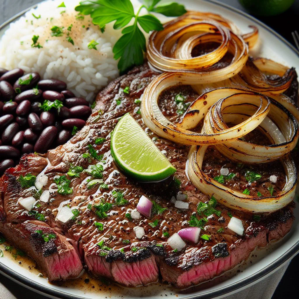 Thin Cuban beef steak topped with golden fried onions, served with rice and black beans