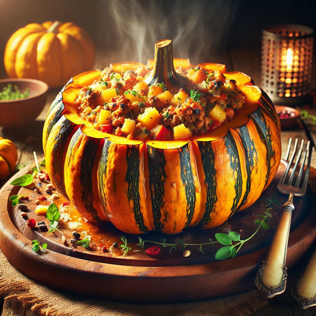 Roasted Cuban squash filled with spiced rice and meat, garnished with fresh herbs