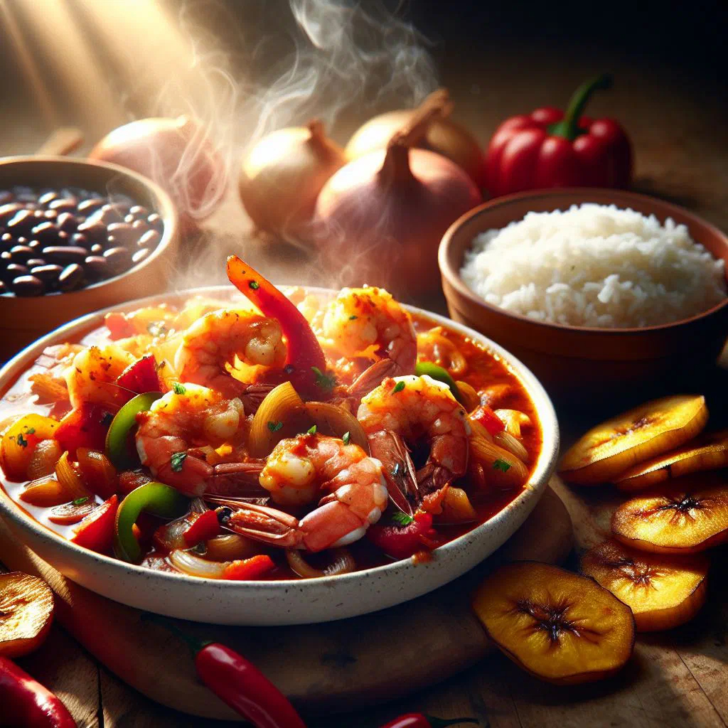 Cuban prawns simmered in a spiced tomato sauce, garnished with fresh parsley