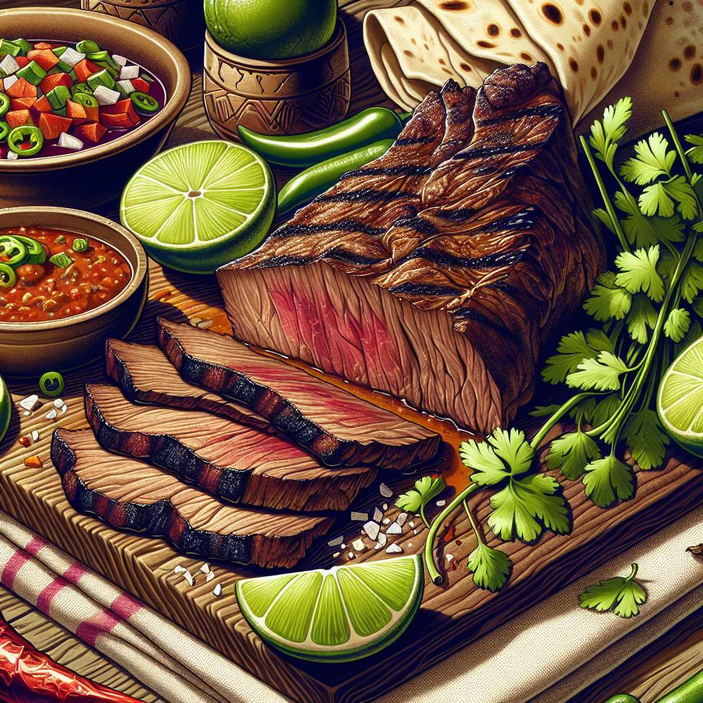 Sliced grilled carne asada beef steak garnished with fresh coriander