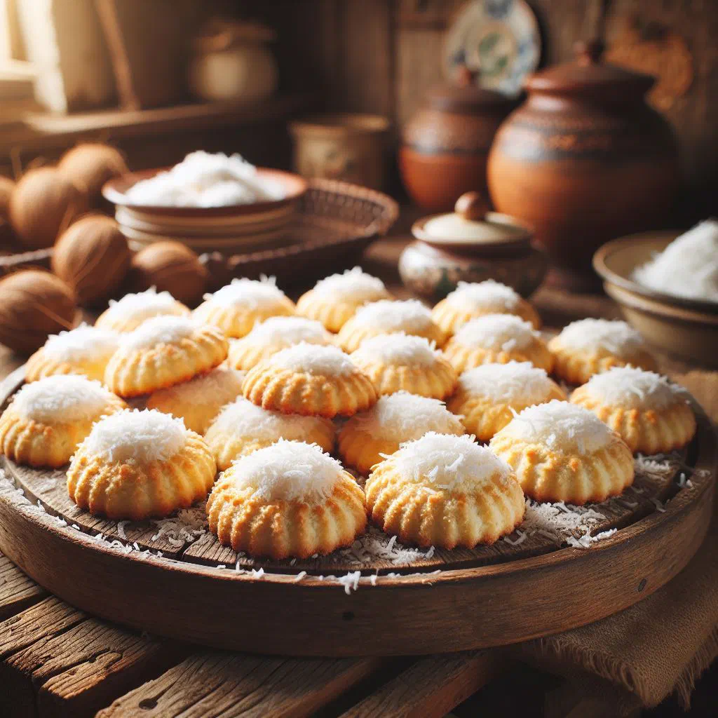 Golden Cuban coconut biscuits cooling on baking paper