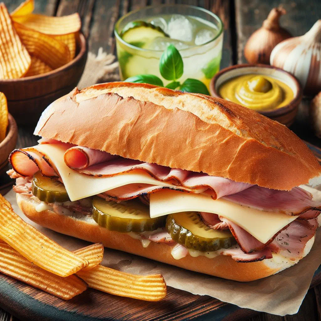 Toasted Cuban sandwich with roast pork, ham, cheese and pickles