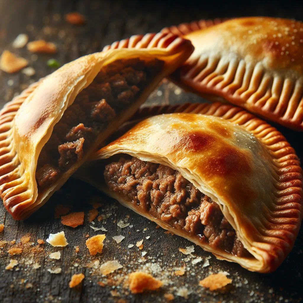Golden baked Cuban beef empanadas on a wooden board
