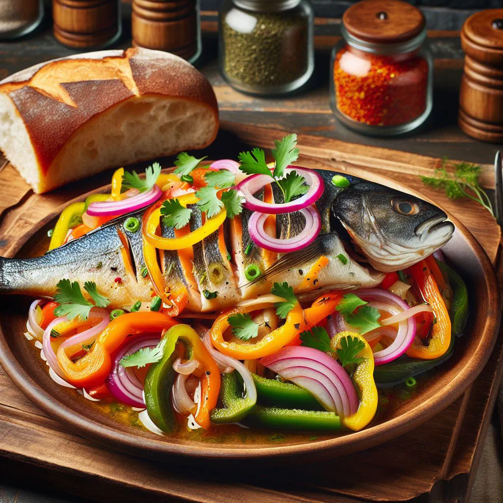 Marinated fish with onions and peppers in a tangy escabeche sauce
