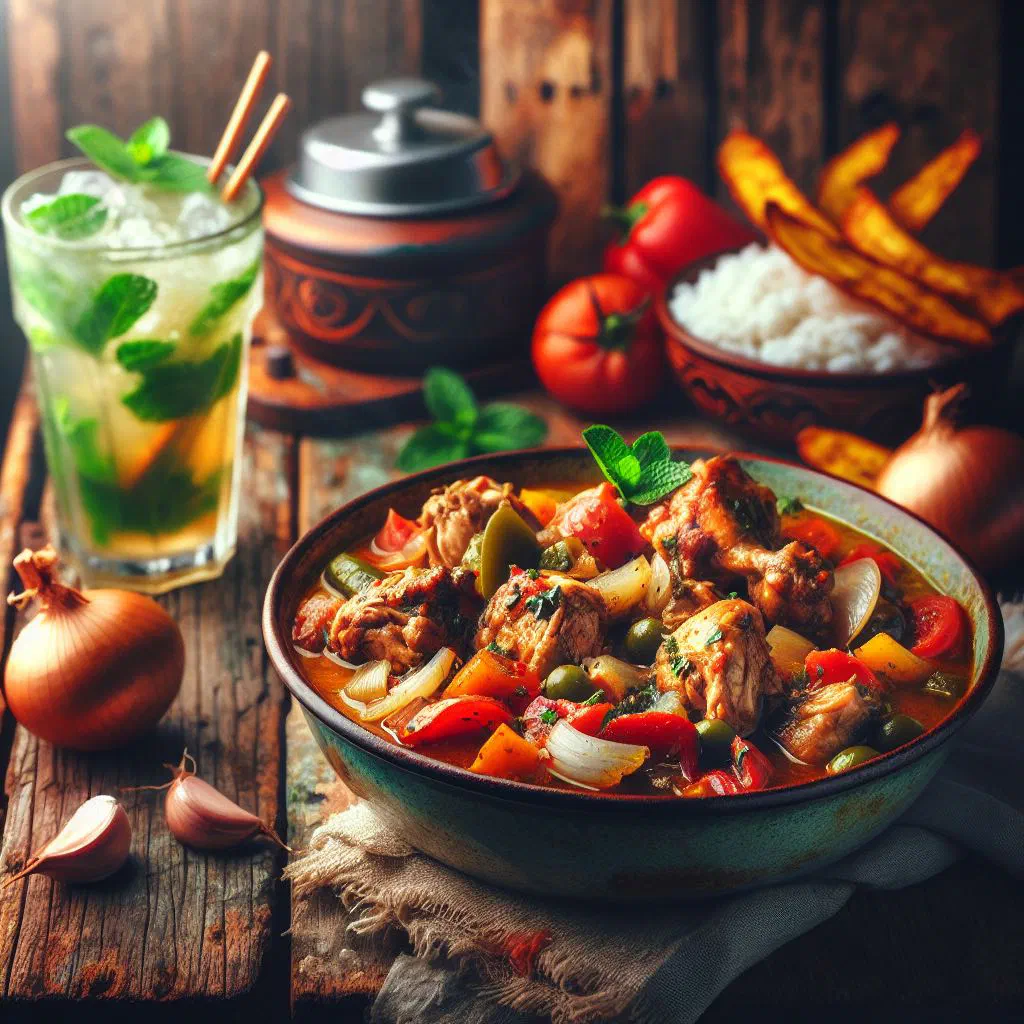 Cuban chicken fricassee in a rich tomato sauce, garnished with fresh coriander