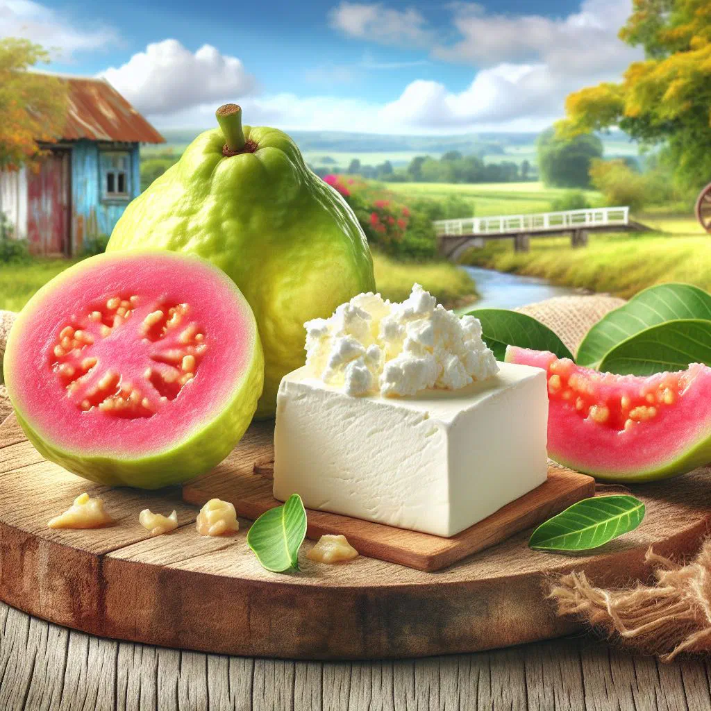 Halved guava filled with cream cheese and dusted with cinnamon