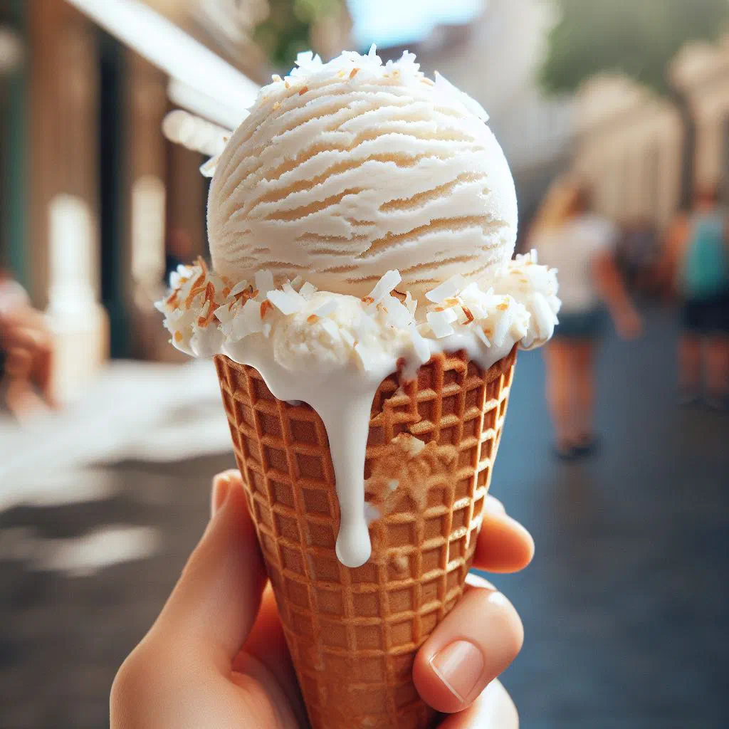 Scoops of creamy coconut ice cream topped with fresh coconut flakes