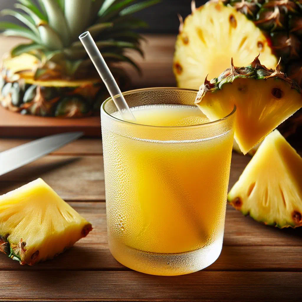 A tall glass of fresh Cuban pineapple juice with ice and mint