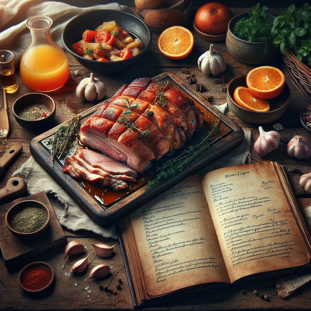 Golden, crisp-skinned Cuban roast pork resting on a platter with citrus