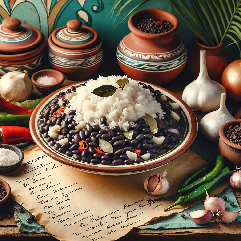 Cuban moros y cristianos with black beans and rice garnished with fresh coriander