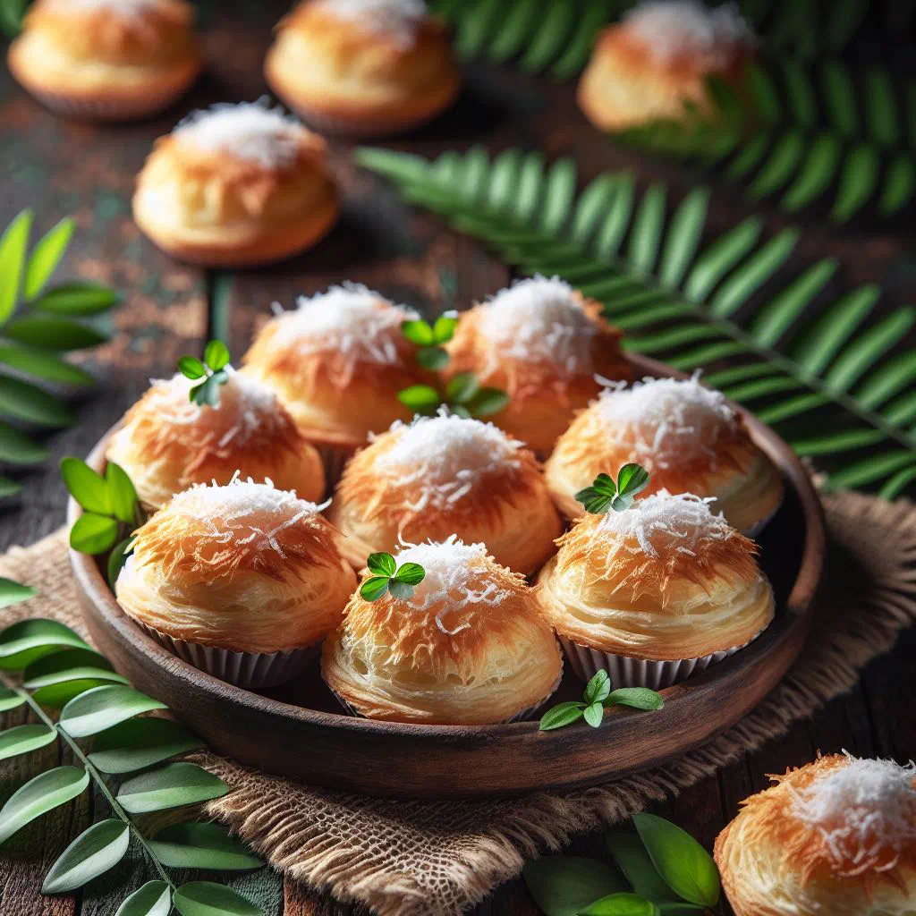 Golden coconut-filled pastry parcels dusted and served on a plate