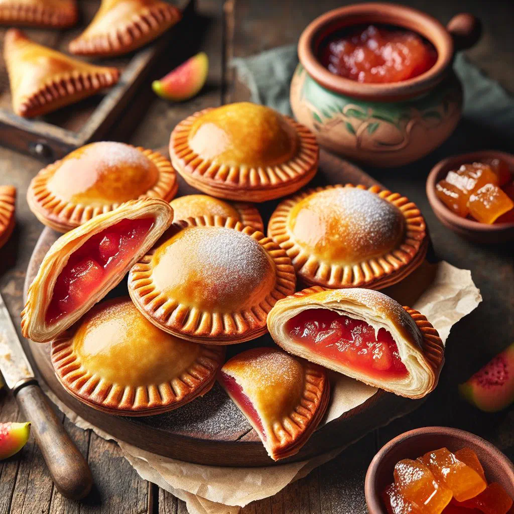 Golden puff pastry pastelitos filled with guava paste, dusted with sugar