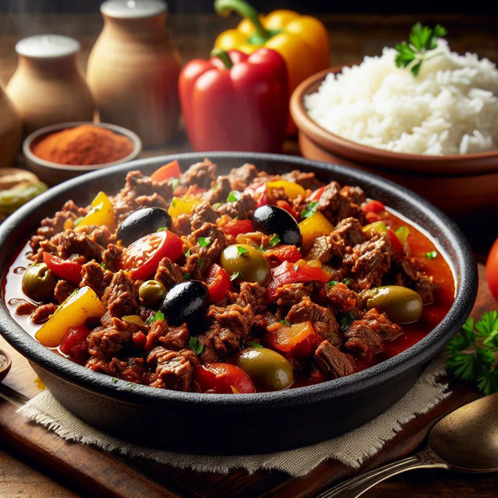 Cuban picadillo a la habanera with beef mince, olives and raisins served over rice