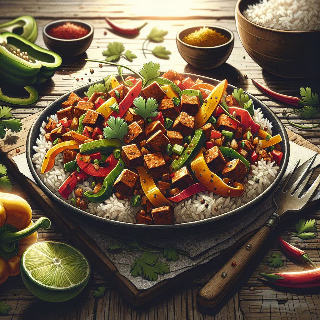 Cuban soya picadillo with peppers, tomatoes and fresh parsley