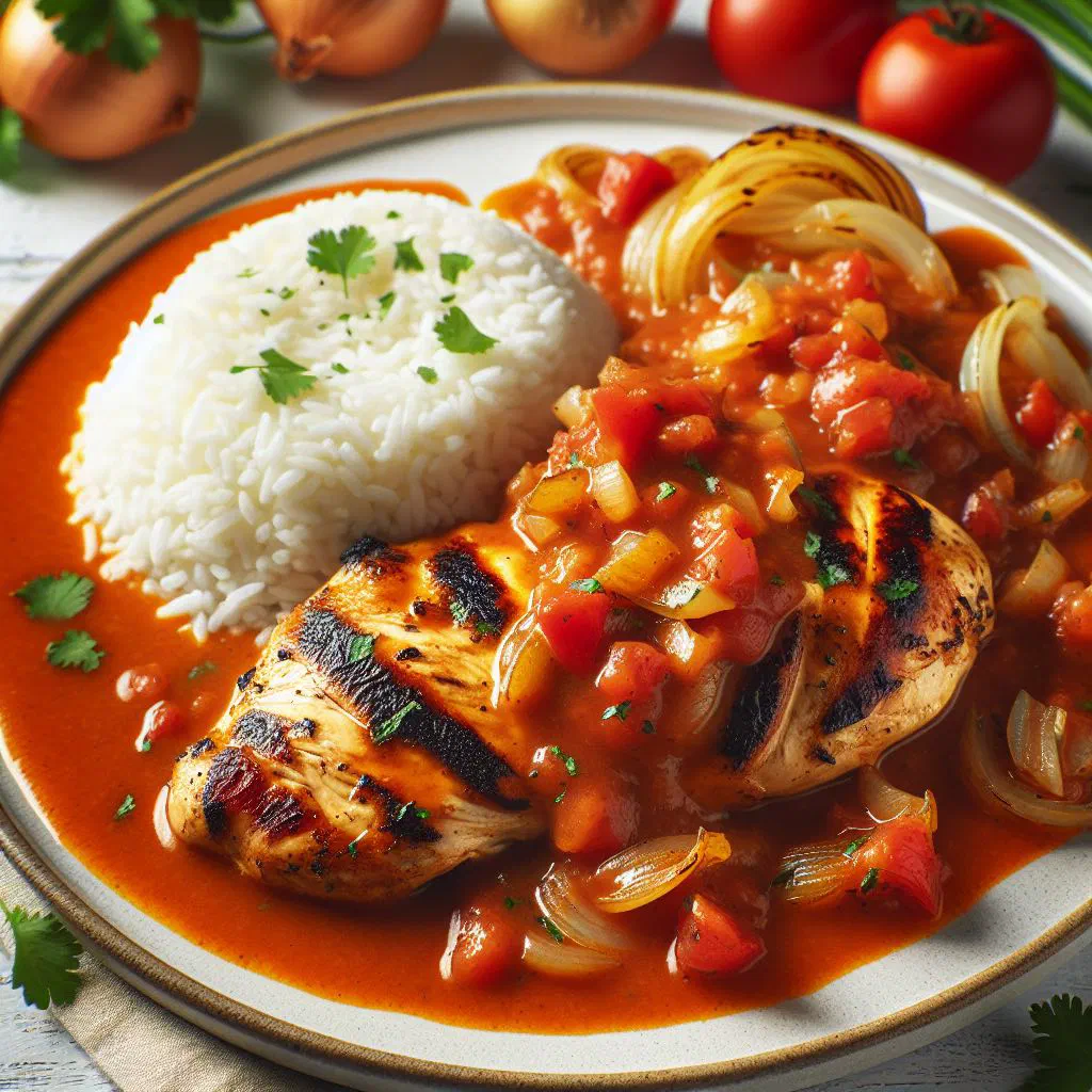 Cuban pollo a la criolla, braised chicken pieces in a tomato and pepper sauce garnished with fresh coriander