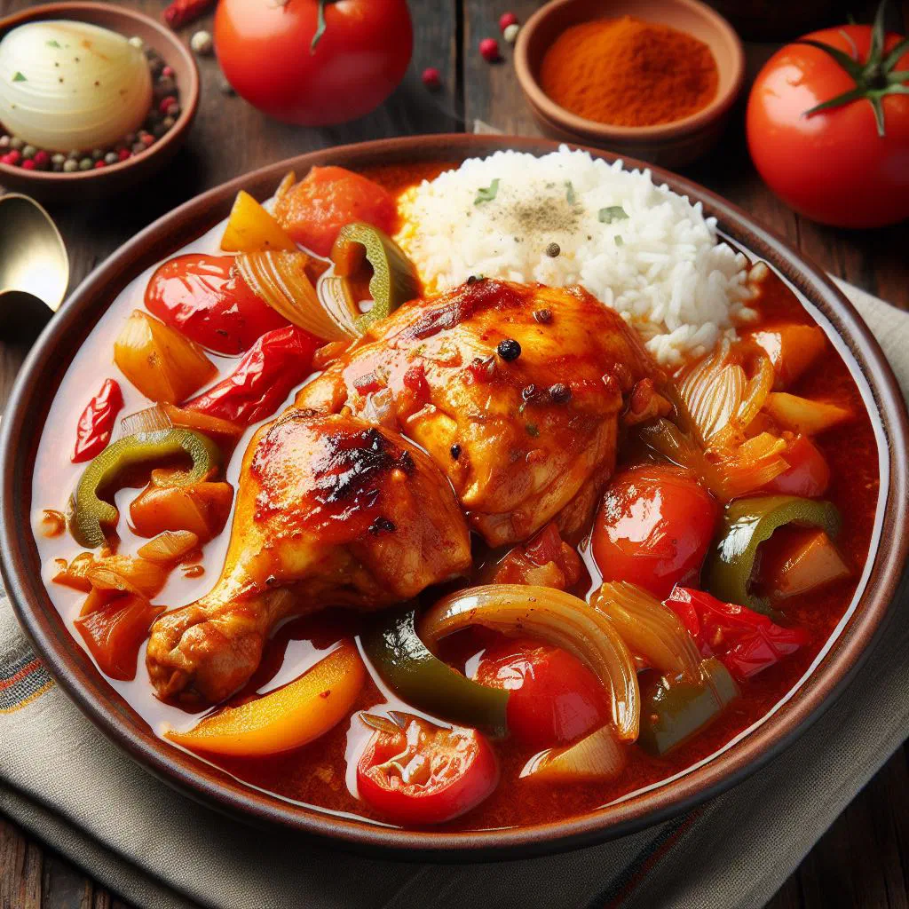 Cuban chicken fricassee in a rich tomato sauce with peppers and fresh parsley