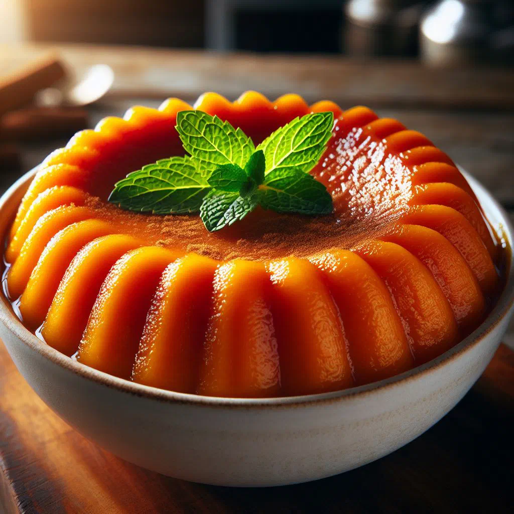 Baked sweet potato pudding dusted with cinnamon, served in a dish