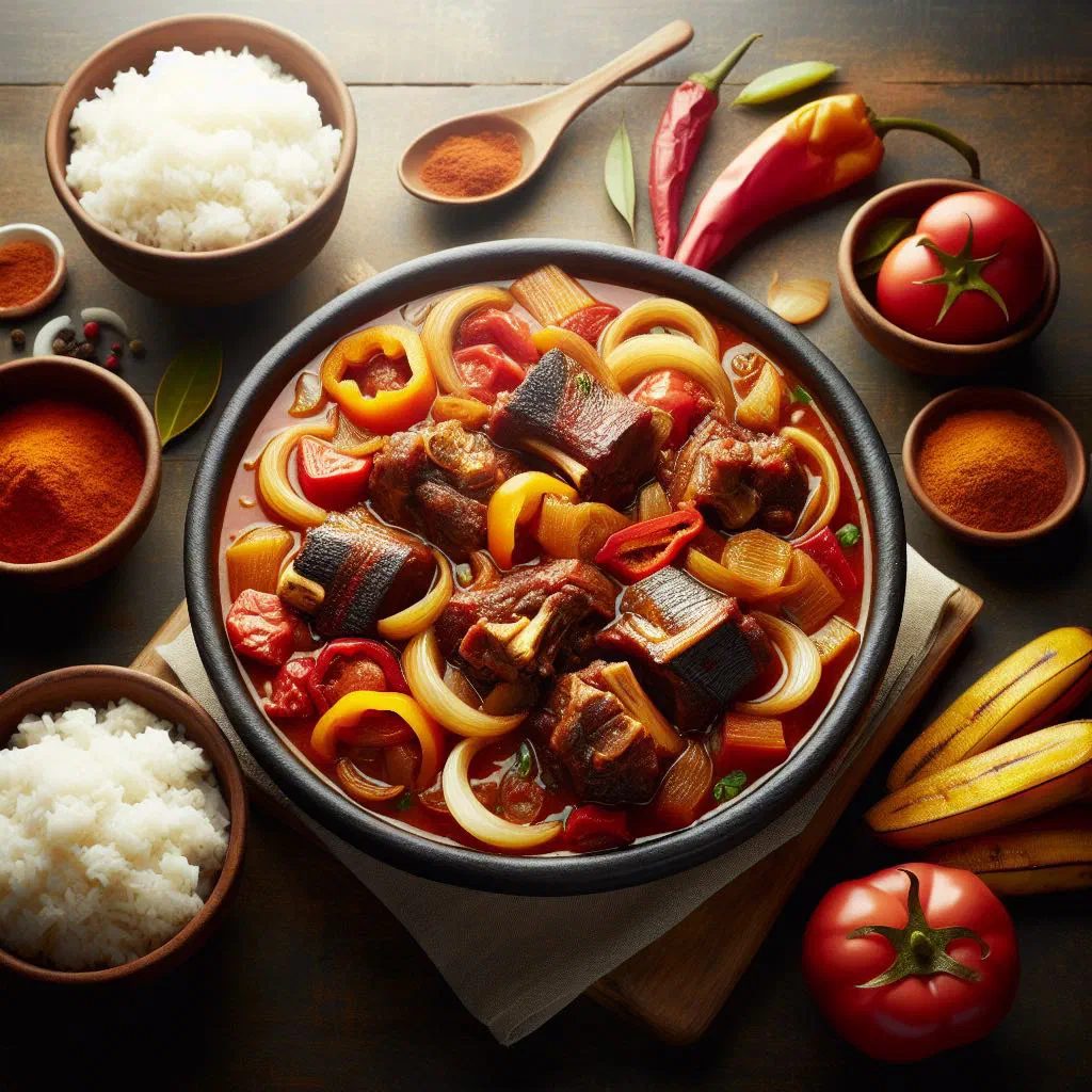 Braised Cuban oxtail in a rich red sauce garnished with fresh coriander