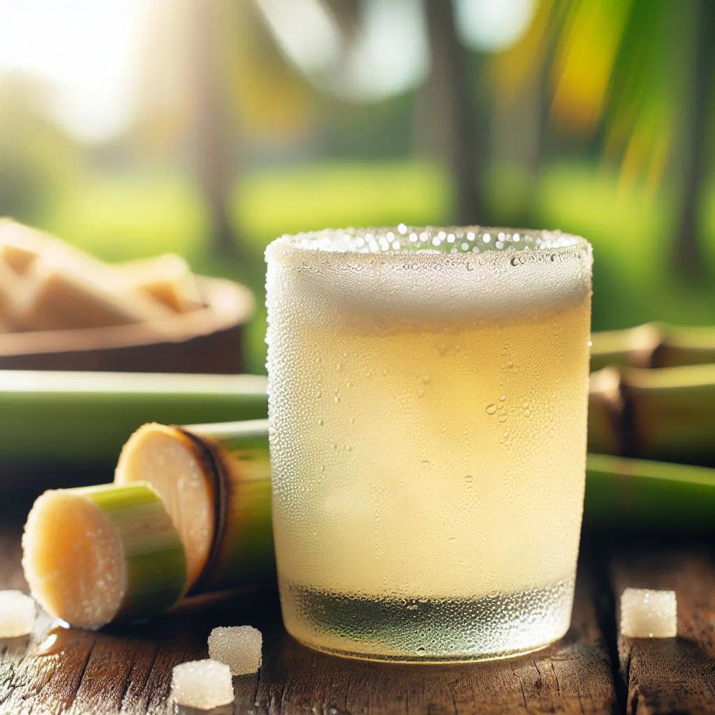 A tall glass of golden Cuban sugar cane refresher with ice and fresh mint