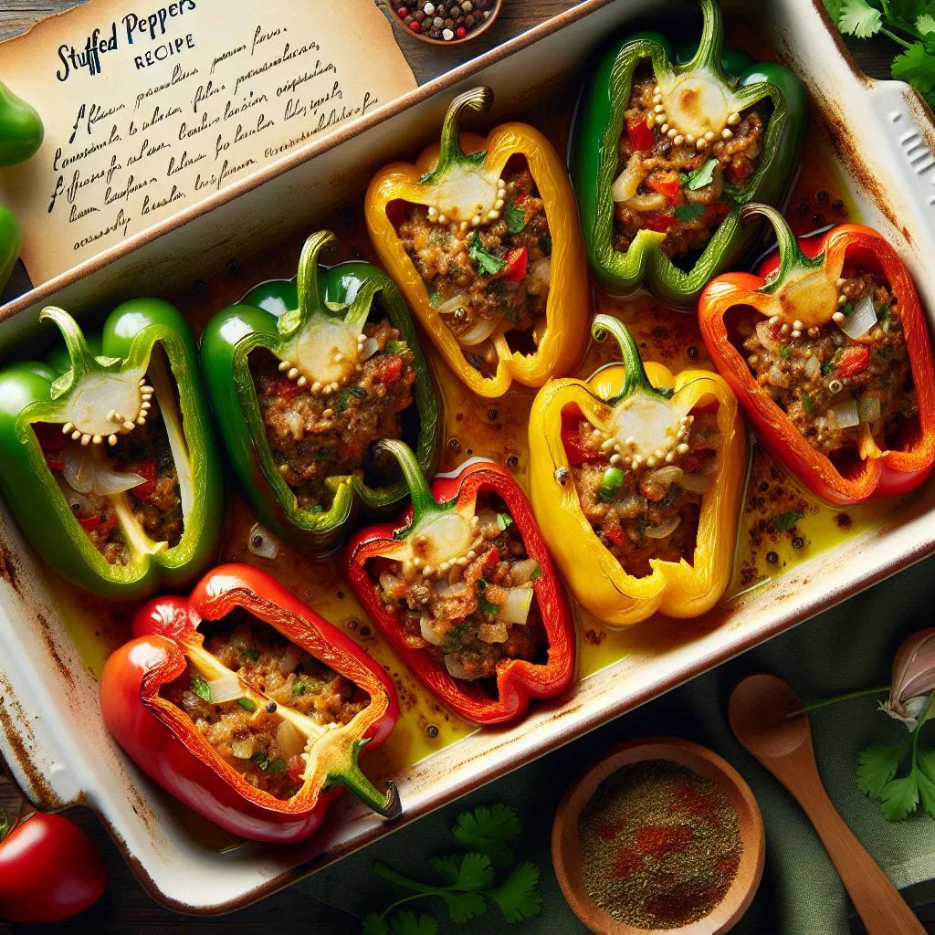 Cuban stuffed peppers filled with spiced beef and rice, garnished with fresh herbs