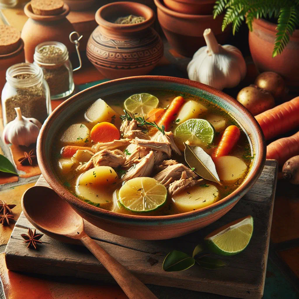 Bowl of Cuban sopa de pollo with shredded chicken, carrots and fresh coriander