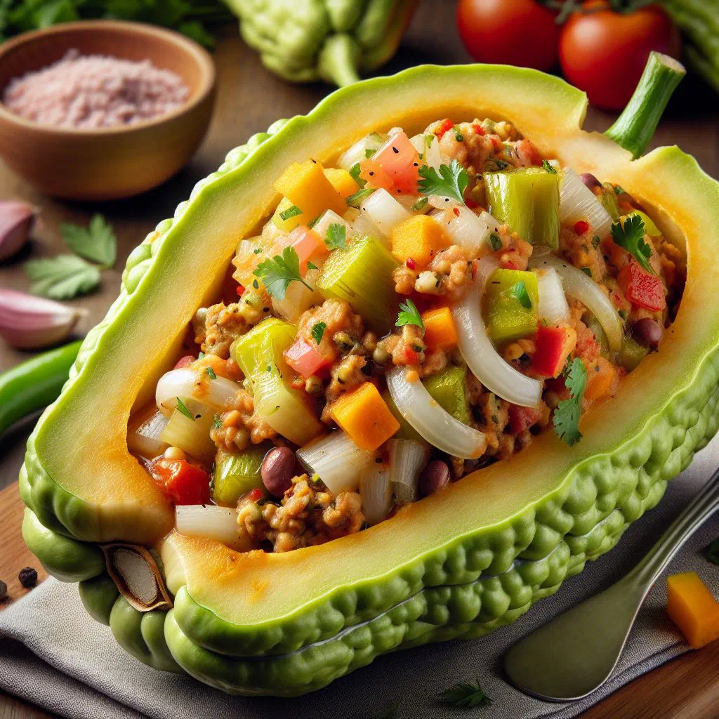 Baked chayote halves stuffed with spiced minced meat and melted cheese