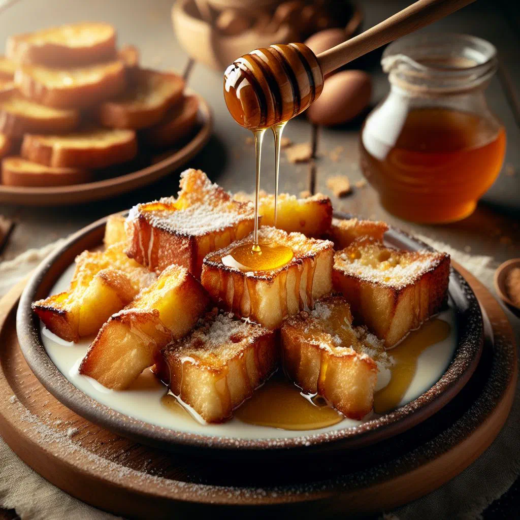 Golden fried bread slices drizzled with honey syrup and dusted with cinnamon