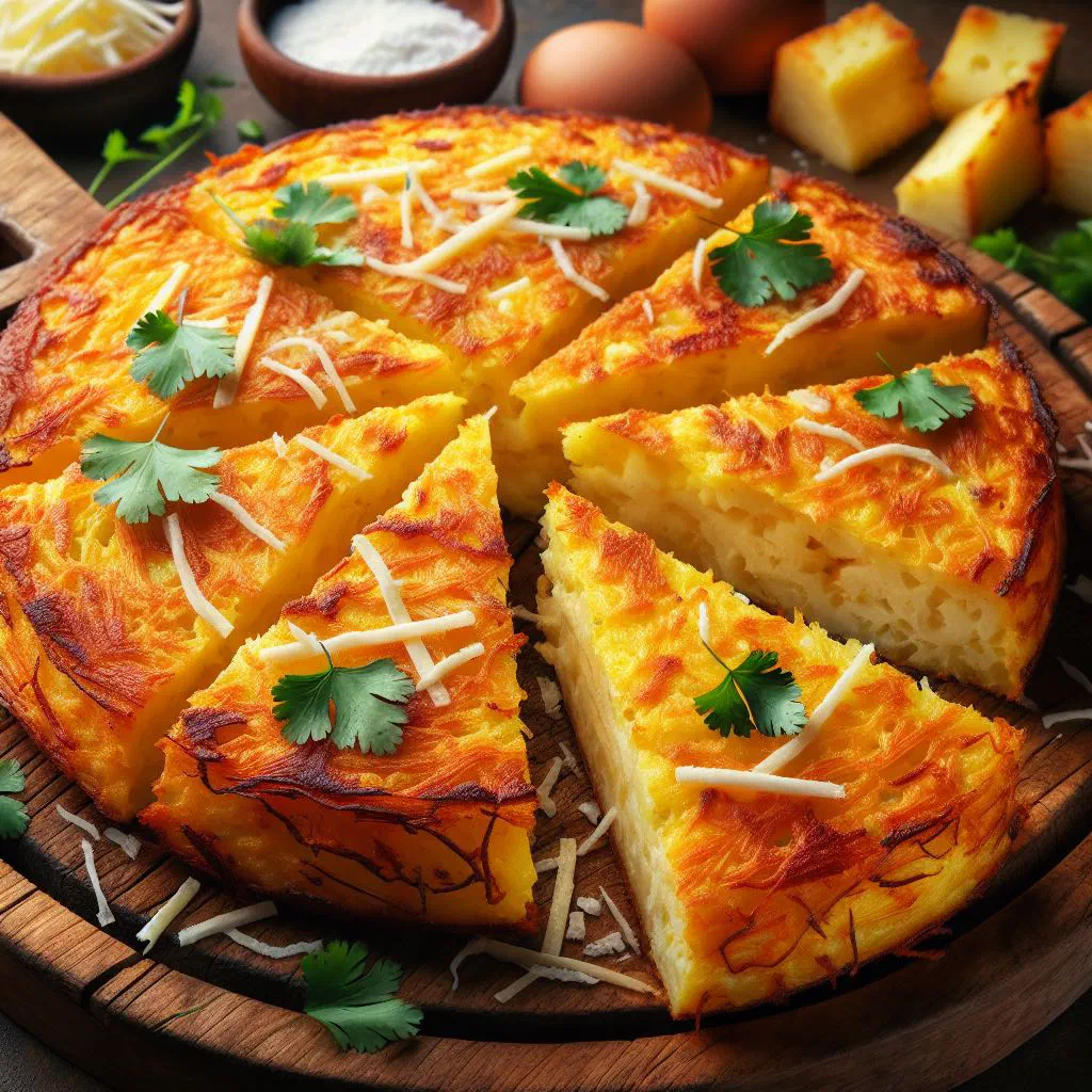 Golden-brown tortilla de yuca made with mashed cassava and eggs
