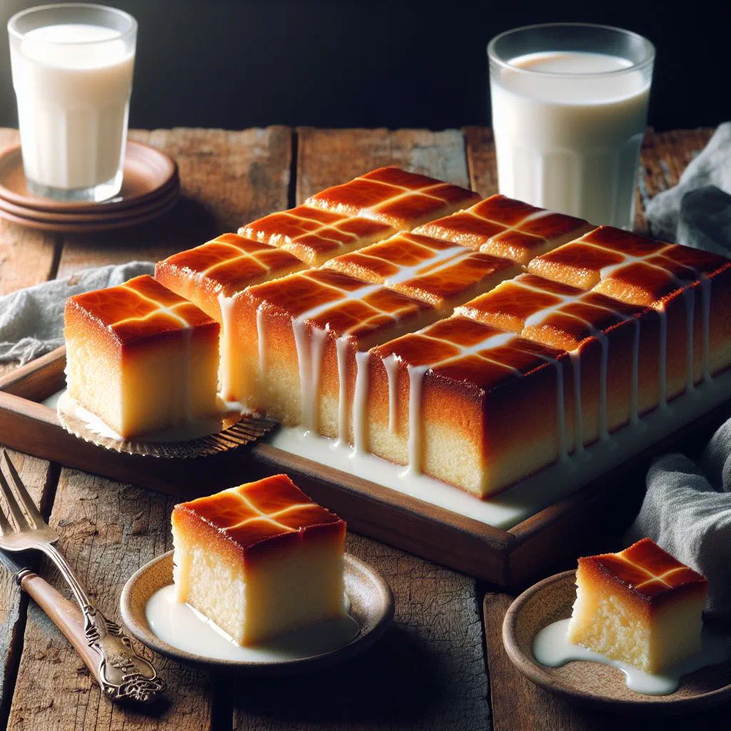 Slice of tres leches milk cake topped with whipped cream