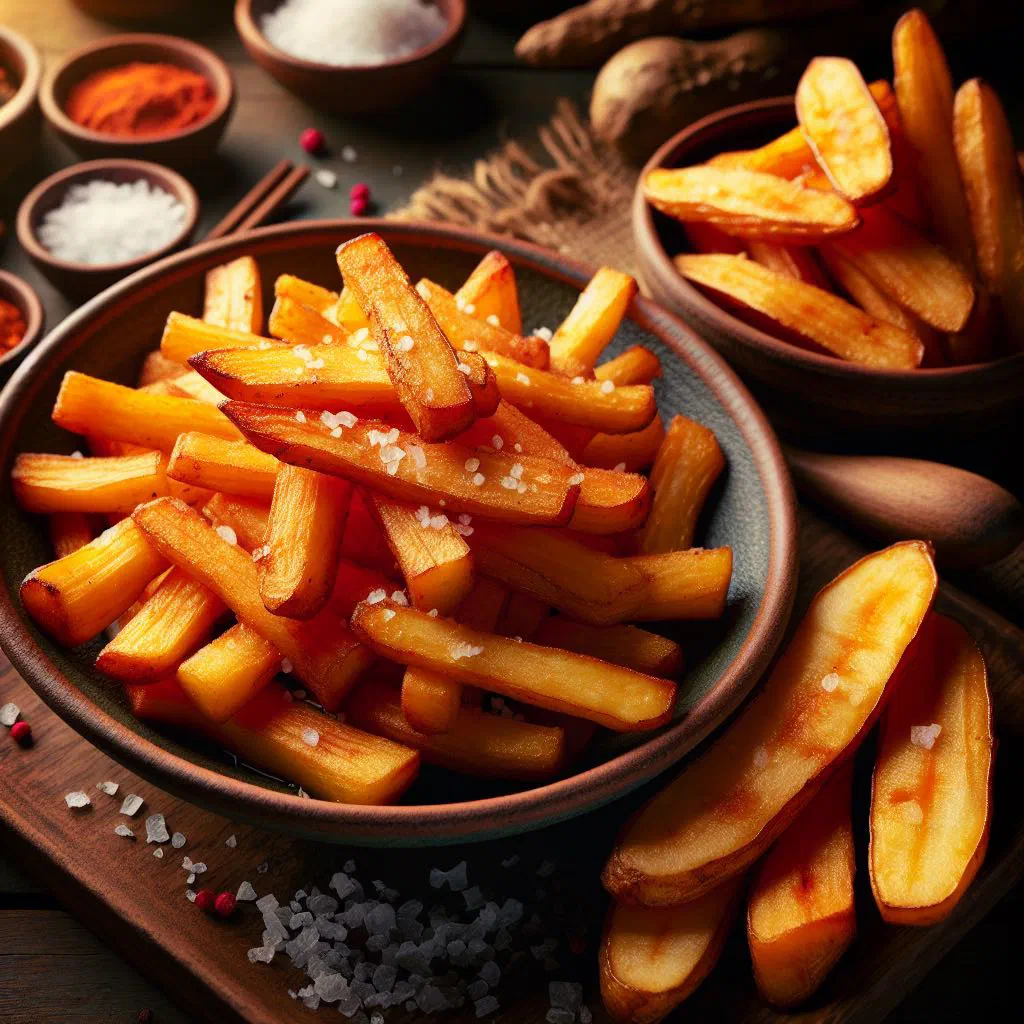 Golden crispy fried cassava strips served with a dipping sauce