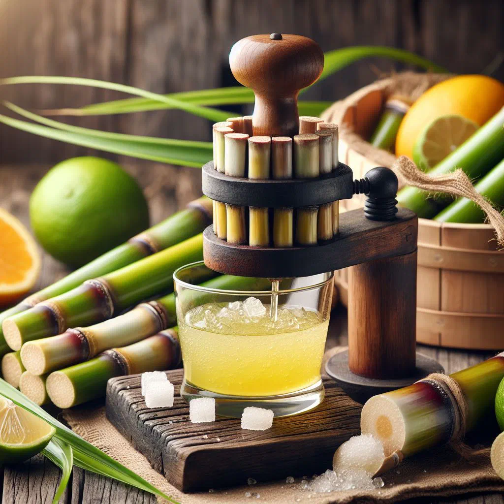 A tall glass of fresh sugarcane juice over ice with a slice of lime