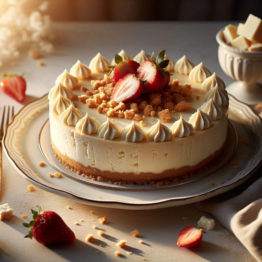 Slice of creamy anari cheesecake on a biscuit base