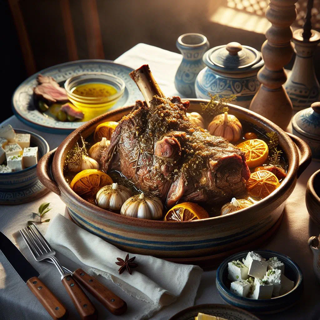 Slow-roasted Arni Kleftiko lamb with herbs served in a rustic clay pot