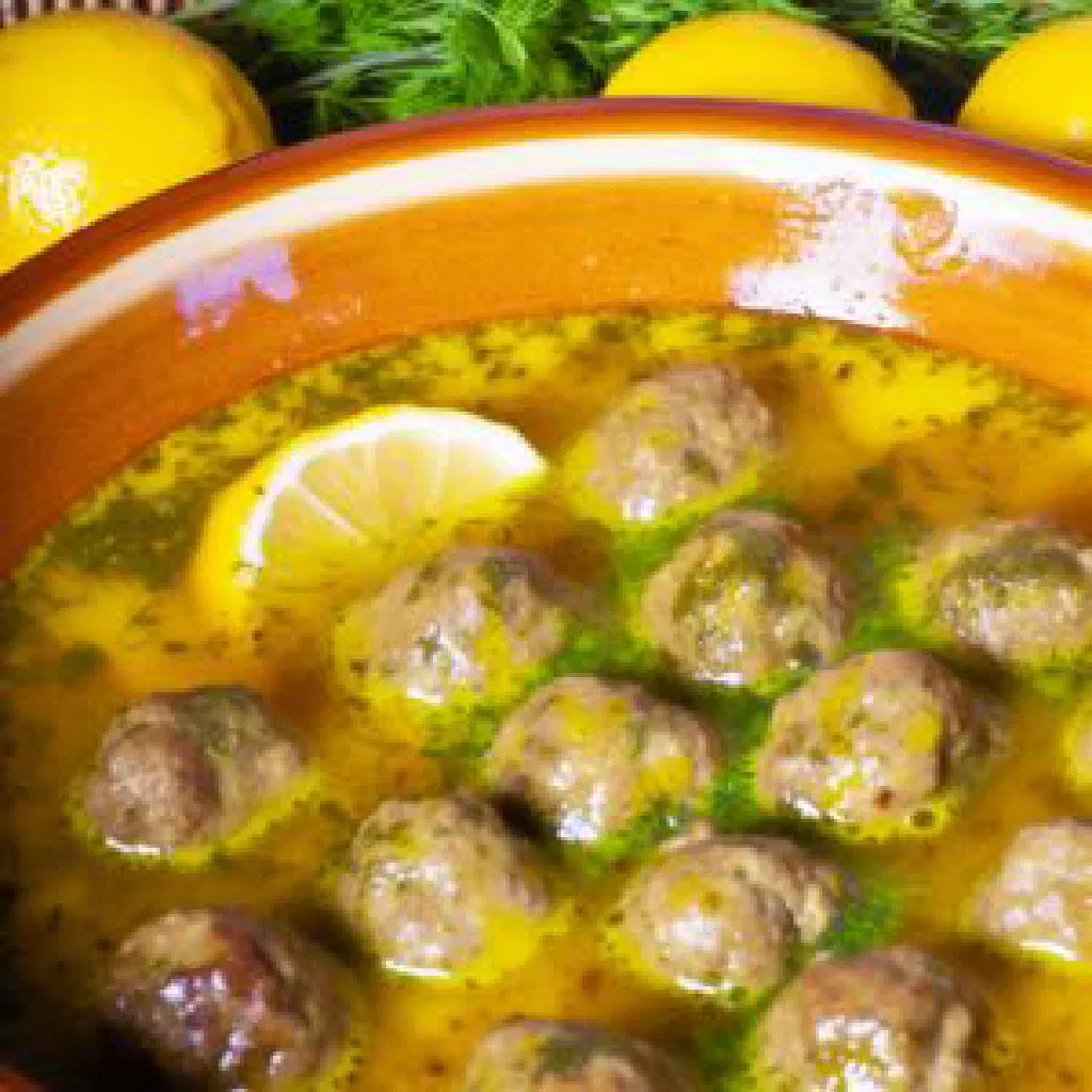 Cypriot avgolemono meatballs in a creamy egg-lemon sauce garnished with fresh herbs