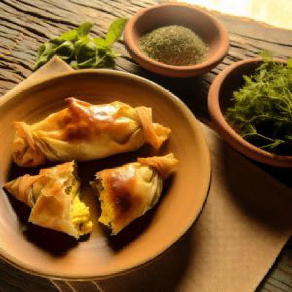 Golden fried Cypriot avgopites filled pastries on a plate