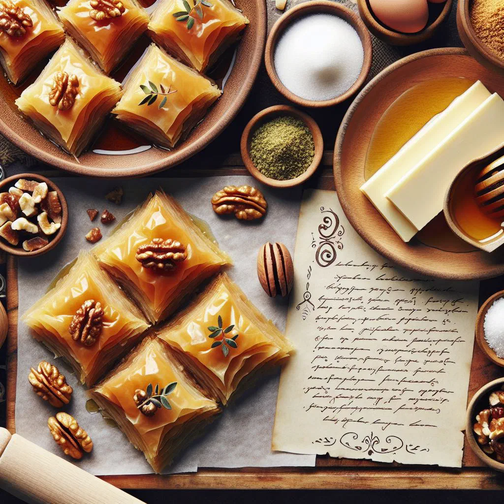 Golden diamond-shaped baklava pieces drizzled with honey syrup and topped with chopped nuts