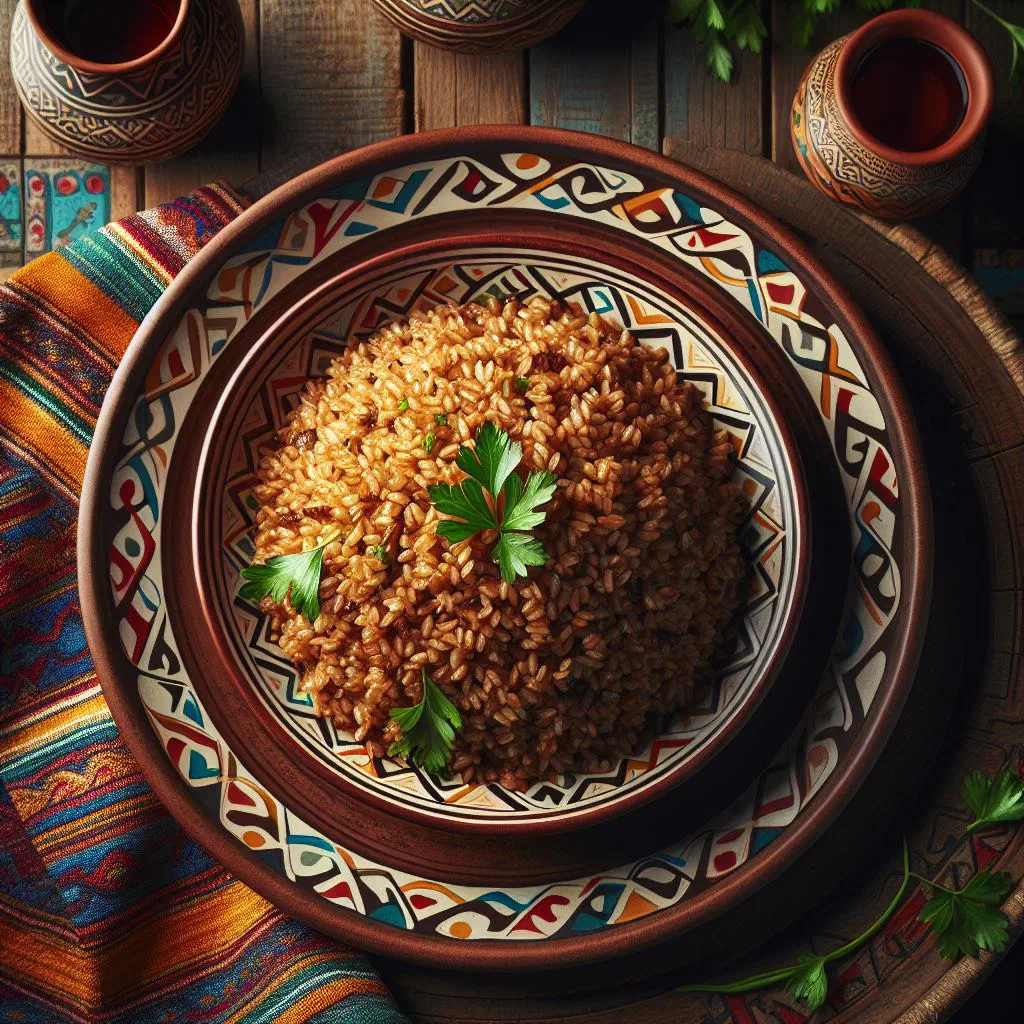 Bowl of Cypriot bulgur pilaf garnished with fresh parsley