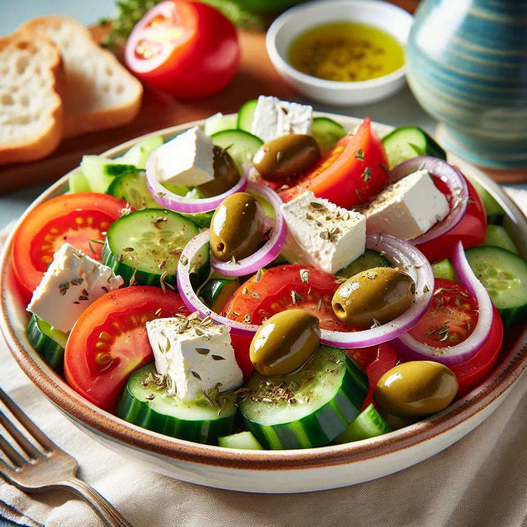 Choriatiki salad with tomatoes, cucumber, feta and black olives dressed in olive oil