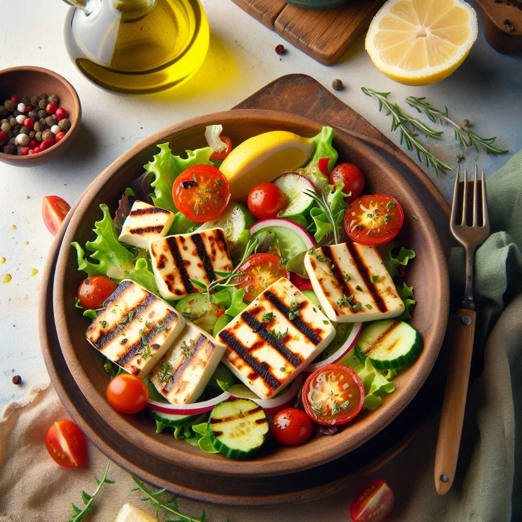 Cypriot halloumi salad with golden fried cheese, tomato, cucumber and parsley