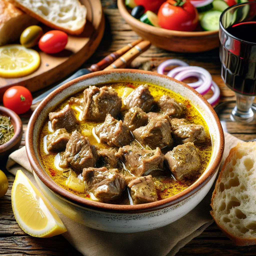 Tender braised lamb pieces in a lemon sauce garnished with fresh parsley