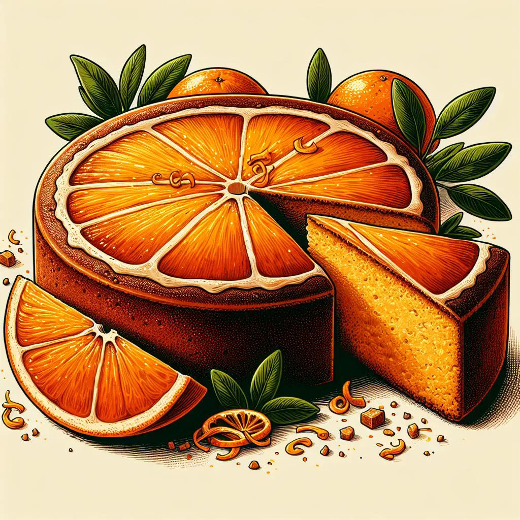 Golden Cypriot orange cake dusted with icing sugar and fresh orange slices