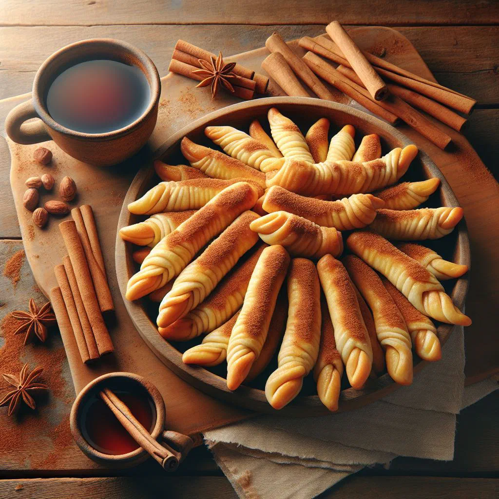 Golden fried Cypriot daktyla dough rolls on a plate